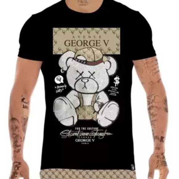 Avenue George V Paris Short Set Men's Black 2 piece set Teddy Bear Rhinestone L - Picture 2 of 10